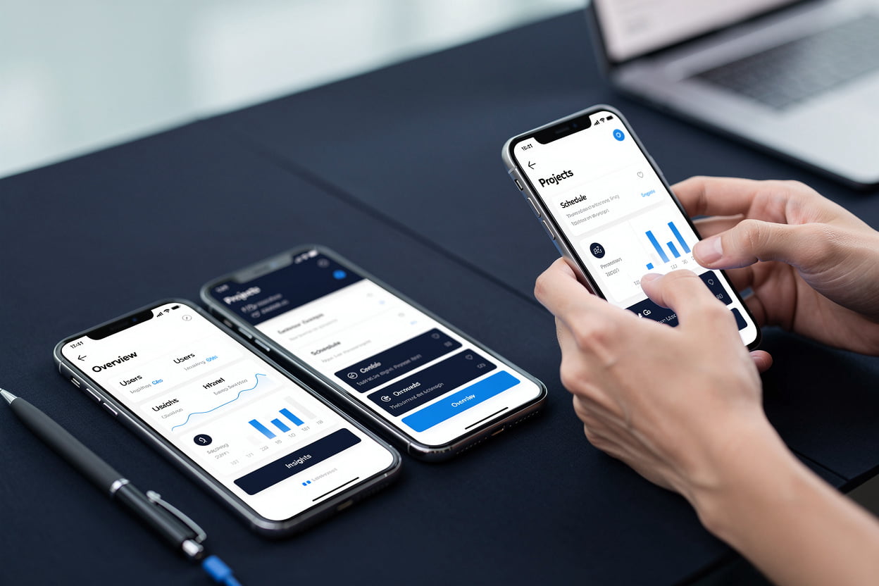 ELYQEN DIGITAL LTD mobile app development showing smartphones with clean app interfaces for Android and iOS custom mobile applications and business applications