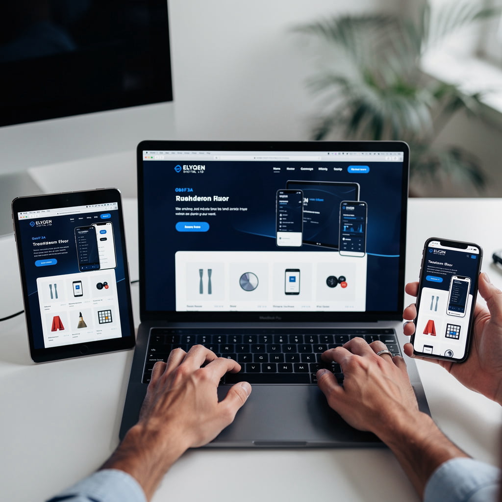 ELYQEN DIGITAL LTD responsive website design shown across laptop, tablet and phone for UK business website development and custom website development uk